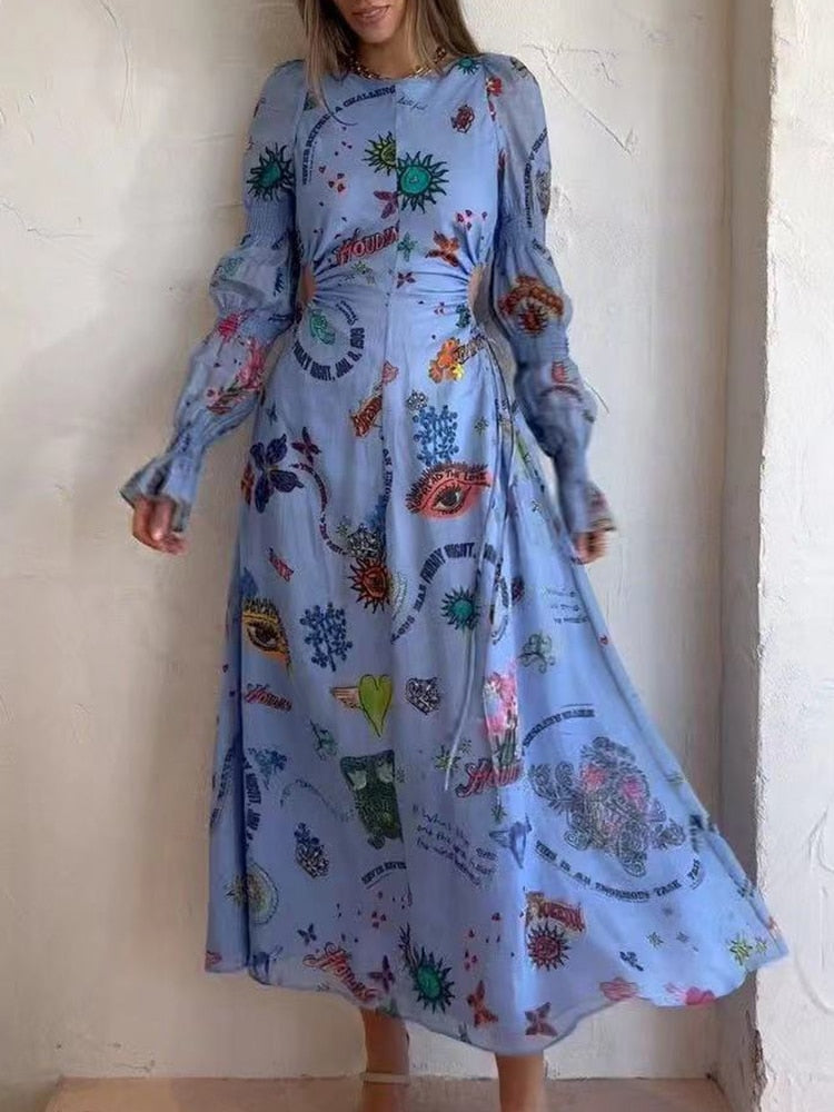 Women Loungewear O-Neck Long Lantern Sleeve Maxi Dress